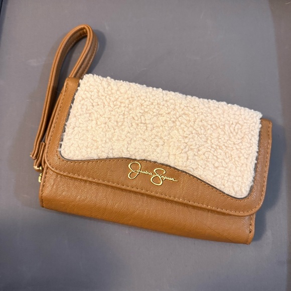 Jessica Simpson Handbags - Jessica Simpson Tan and Cream Trifold Wristlet Wallet